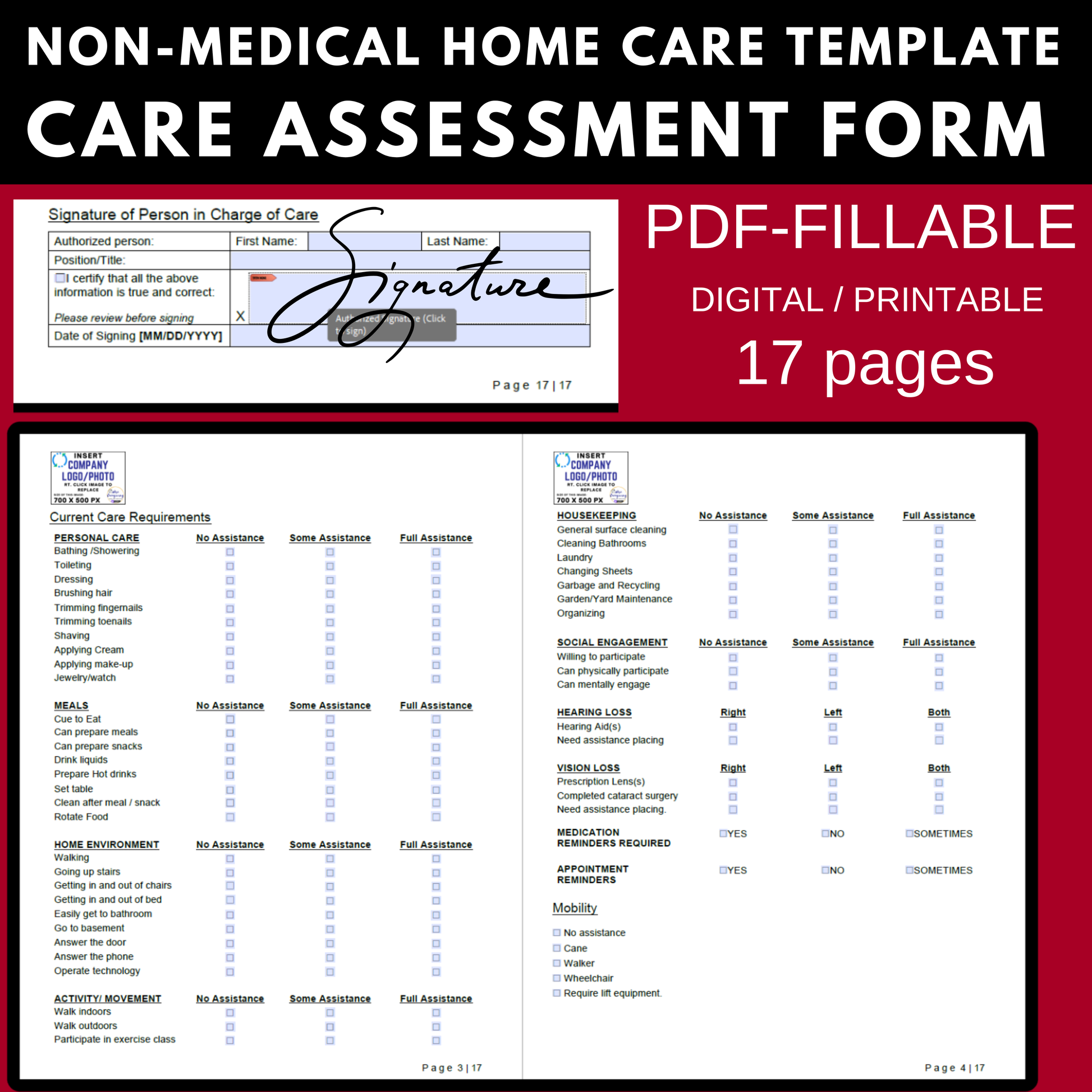 Home Care Assessment Fillable Form Template (NON-MEDICAL) - Wisecaregiving