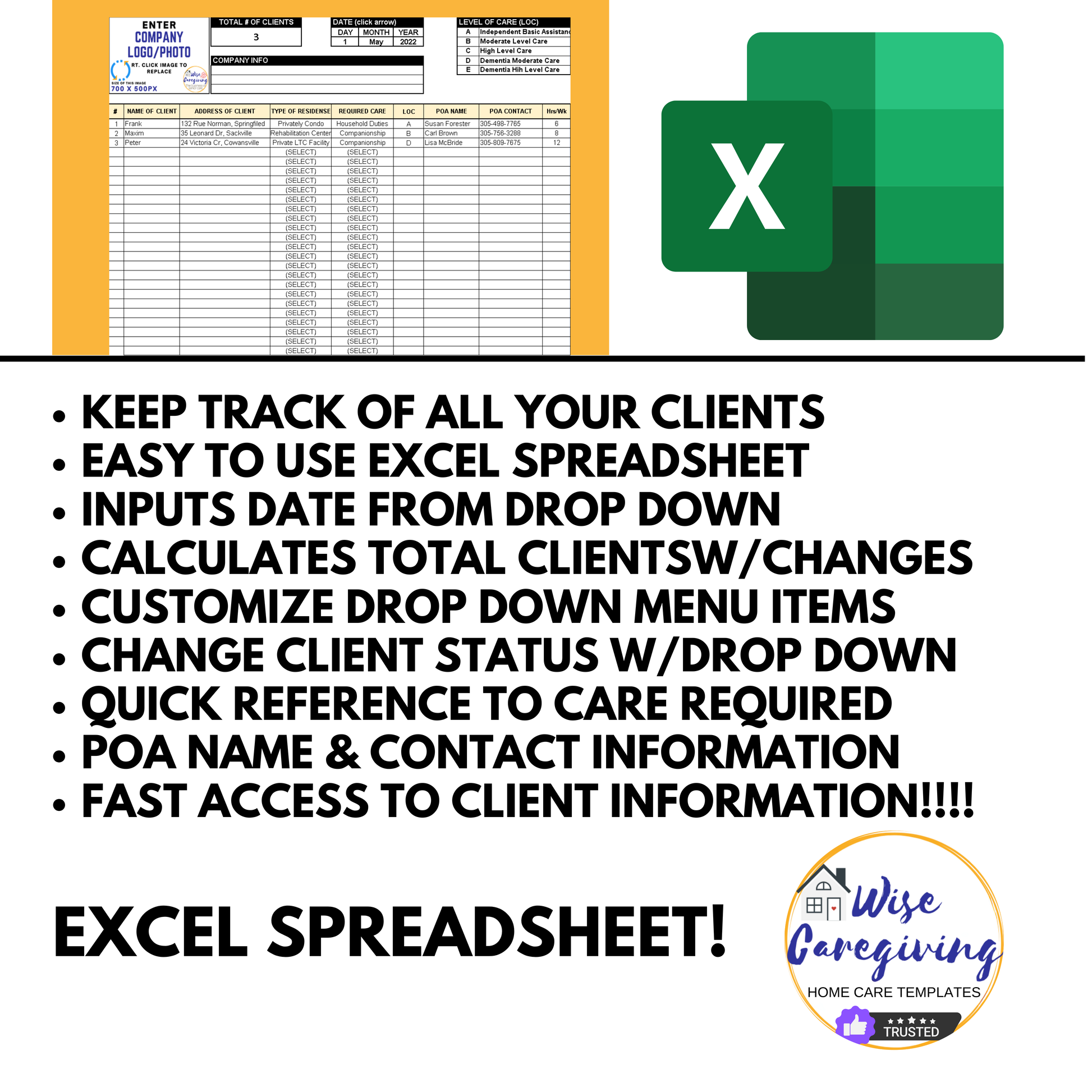 Home Care Business Client List Template - Wisecaregiving