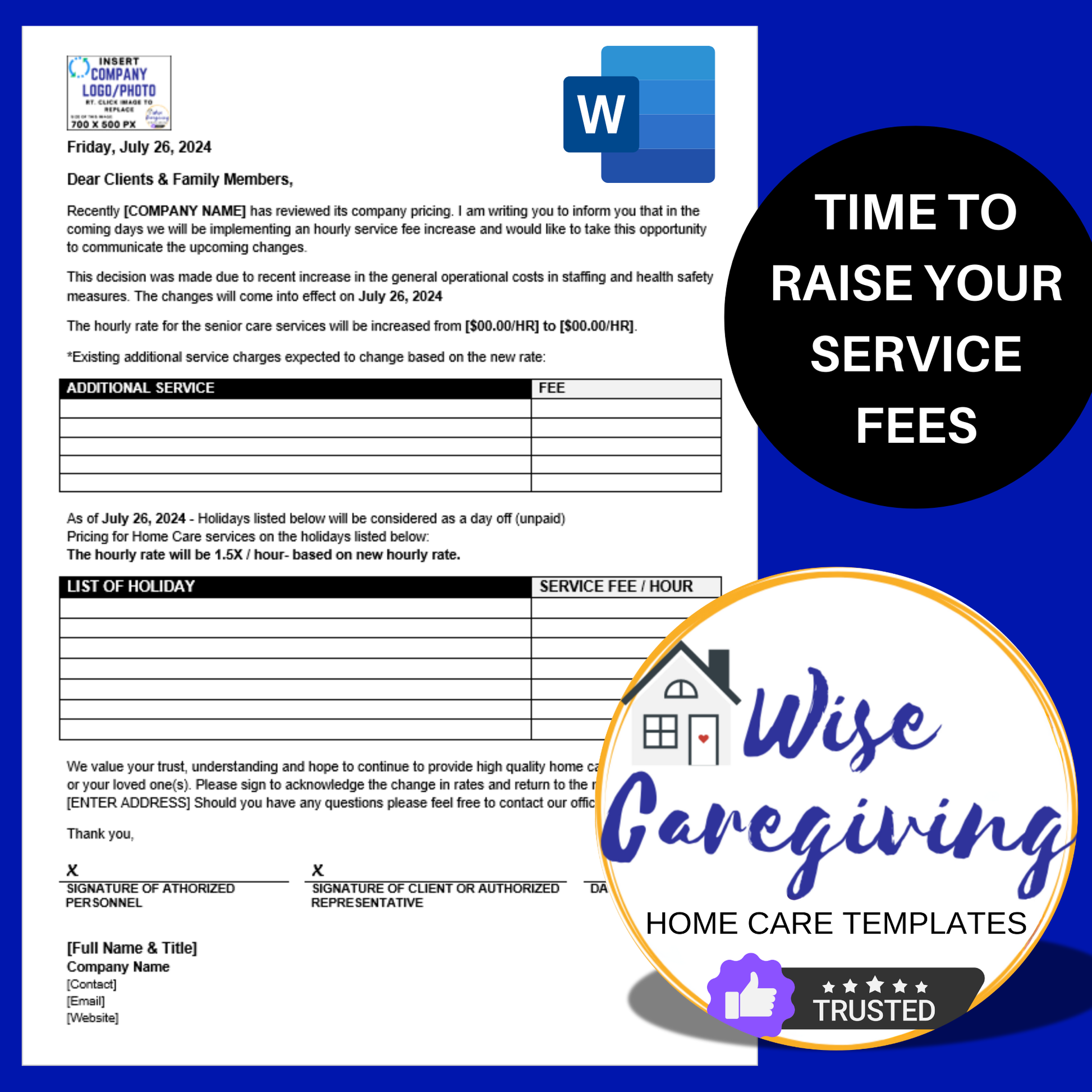 Home Care Business Rate Increase Letter Template - Wisecaregiving