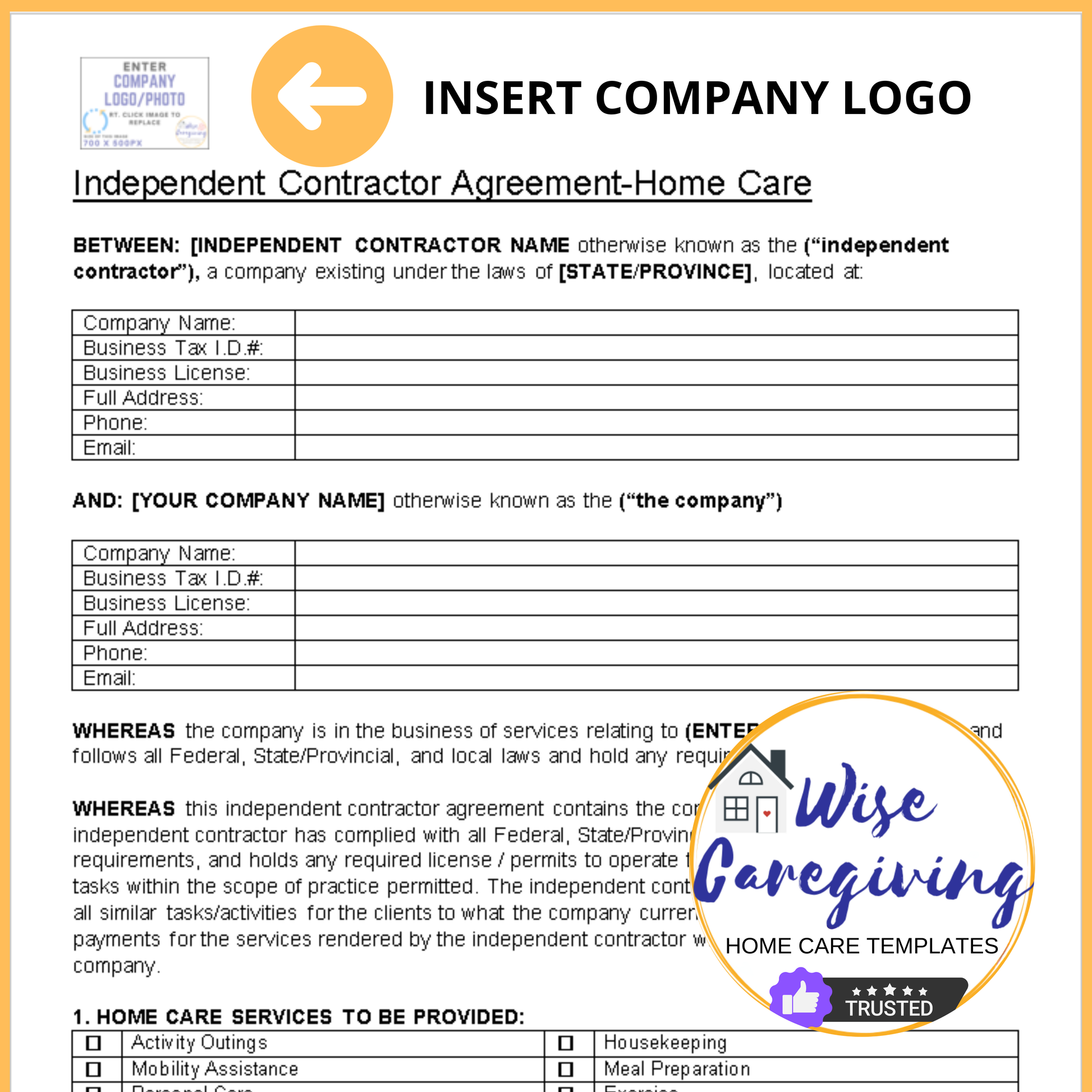 Home Care Independent Contractor Template - Wisecaregiving