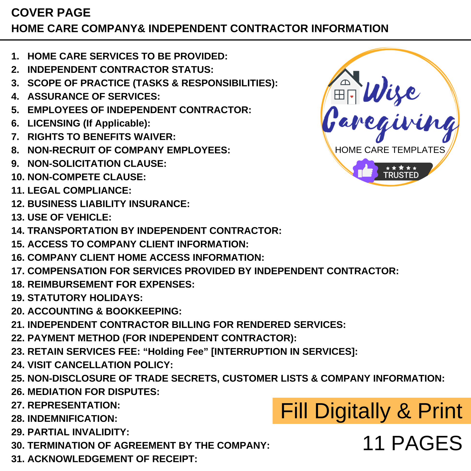 Home Care Independent Contractor Template - Wisecaregiving
