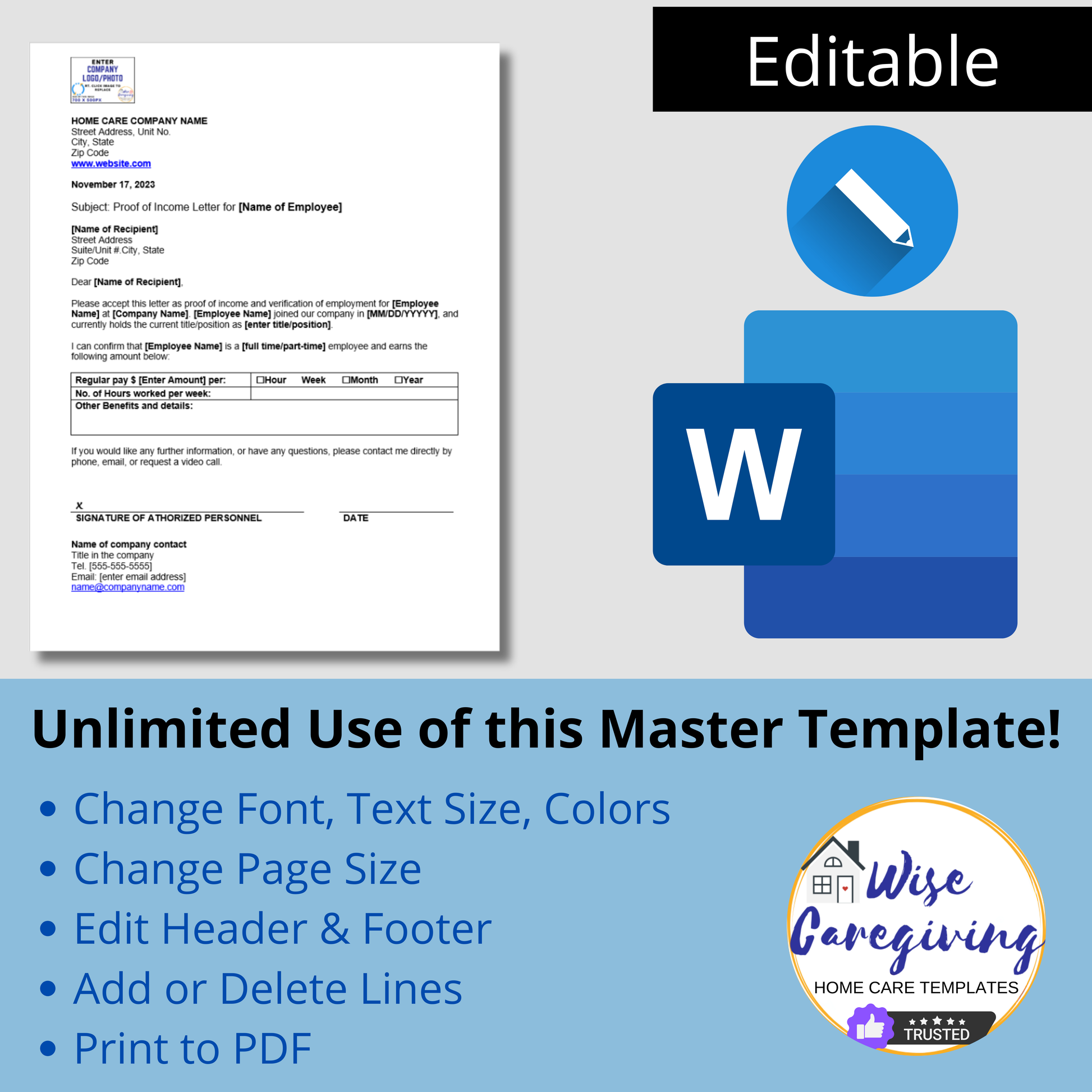 Proof of Income Letter Template for Home Care Employee - Wisecaregiving