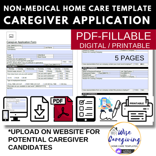 Home Care Caregiver Employee Application Fillable Form Template - Wisecaregiving