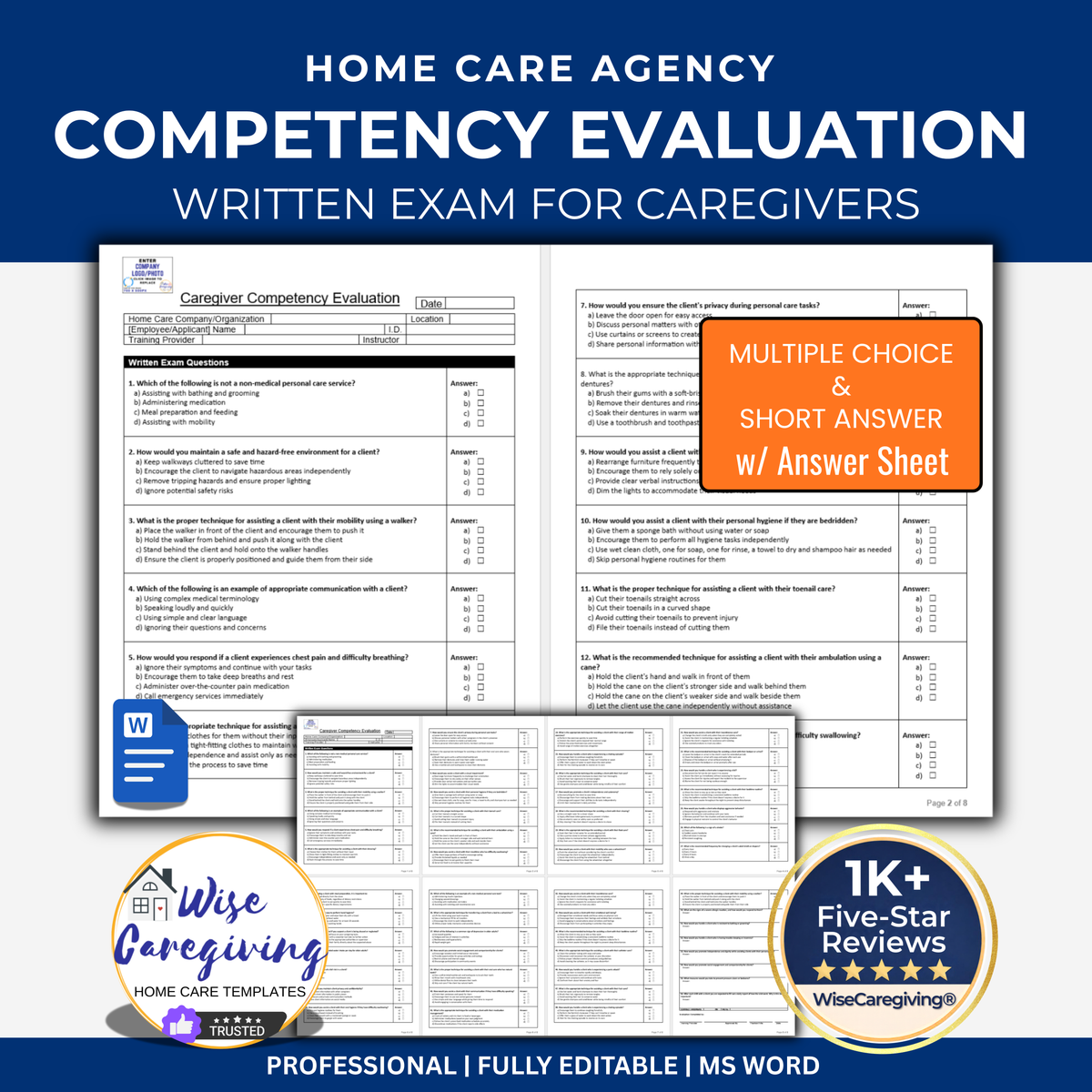 Home Care Caregiver Competency Written Exam Template