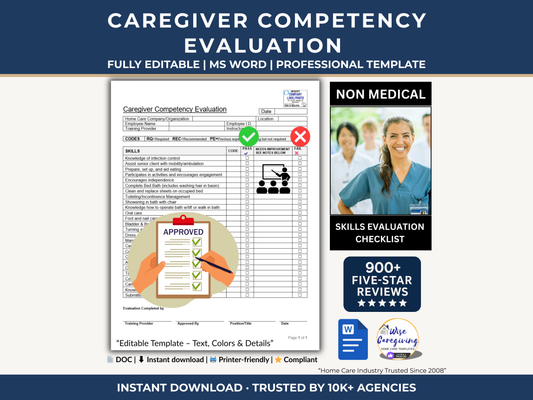 Caregiver Competency Evaluation Template | Practical Skills Checklist for Home Care Agencies | Editable Word Document