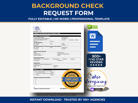 Background Check Request Form: US Home Care Employee Template | MS Word Template | Printable