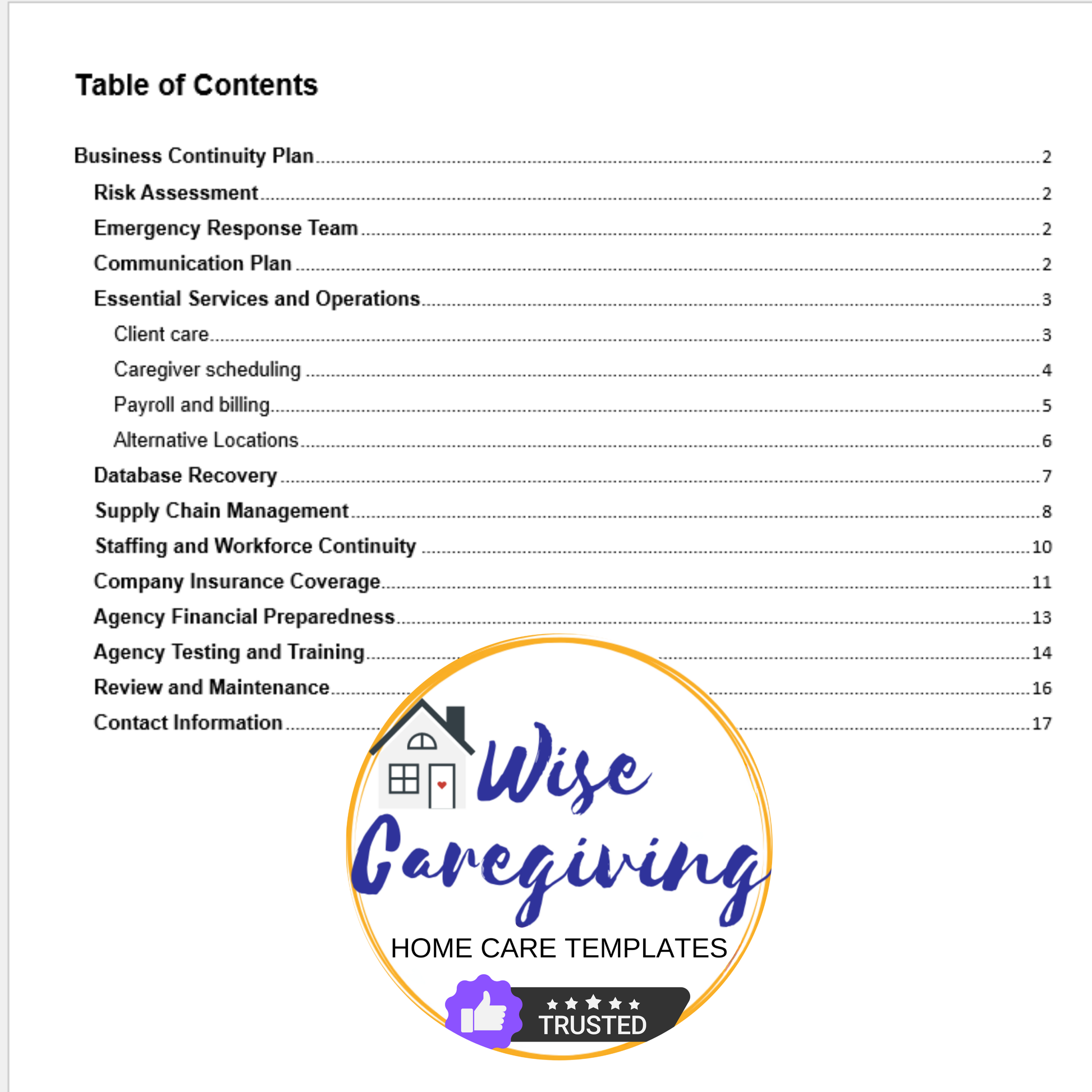 Home Care Business Continuity-Back Up Plan Template - Wisecaregiving