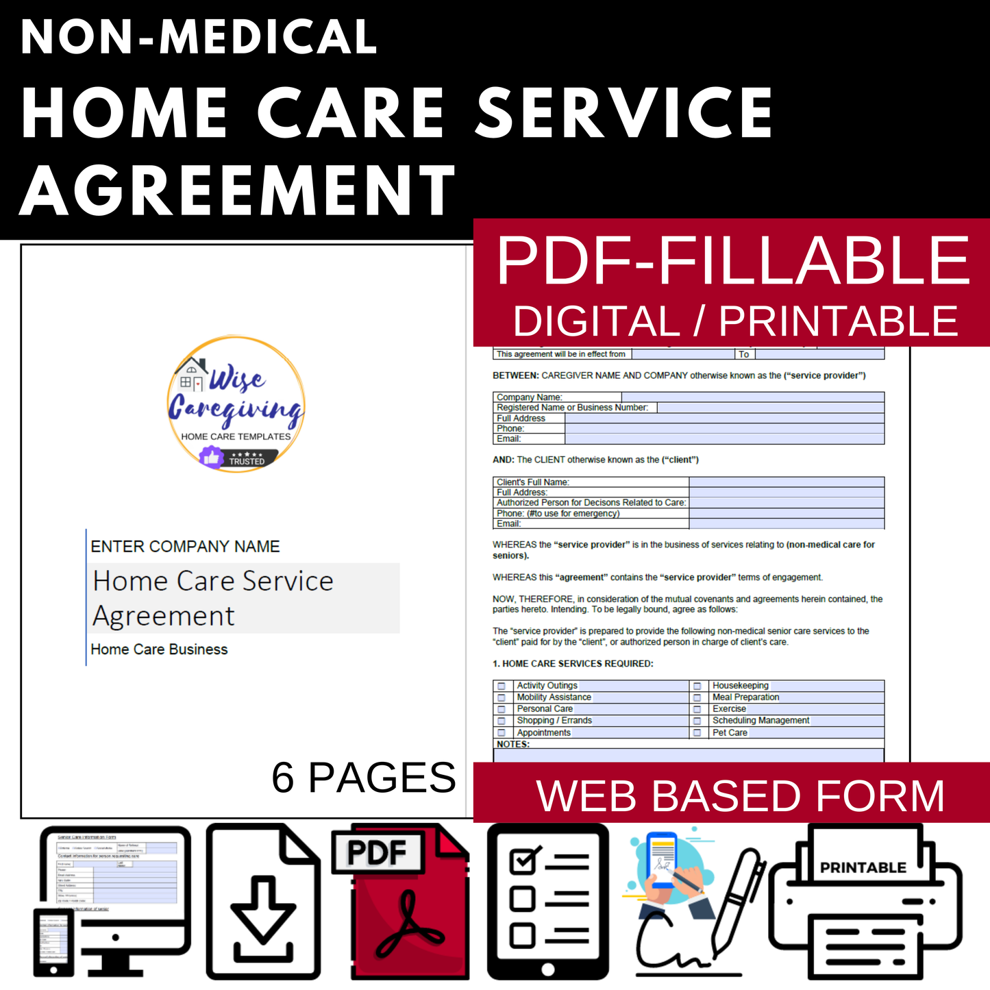 Home Care Service Agreement Fillable Form Template - Wisecaregiving