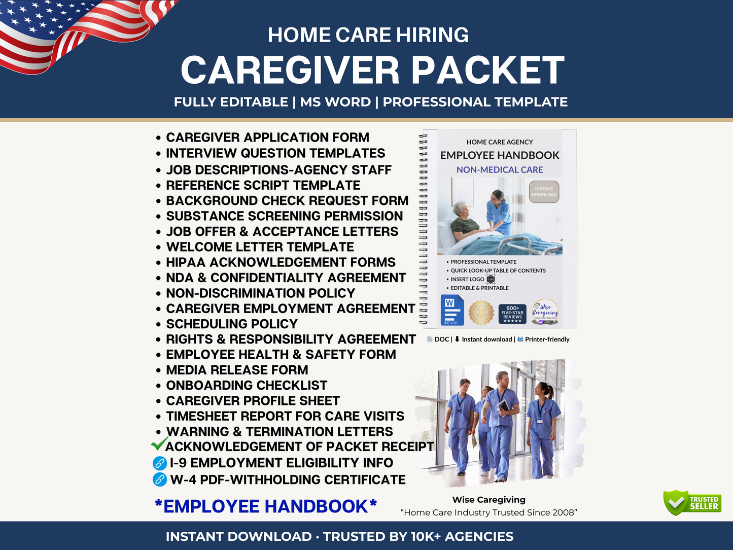 Home care hiring caregiver packet with various employee forms and templates-non medical service-Wise Caregiving 