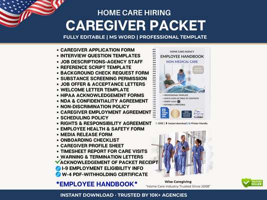 Home care hiring caregiver packet with various employee forms and templates-non medical service-Wise Caregiving 