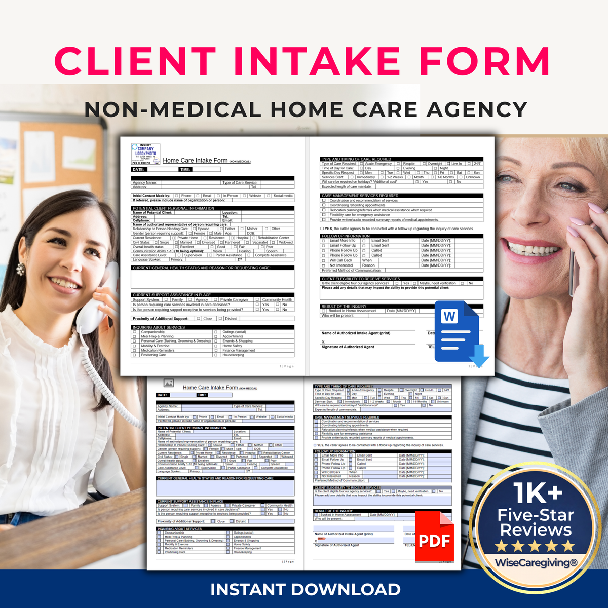 Home Care Client Intake Form | Inquiry & Assessment Template | Word + Fillable PDF