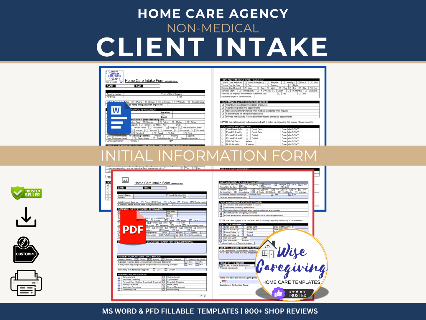 Home Care Client Intake Form | Inquiry & Assessment Template | Word + Fillable PDF