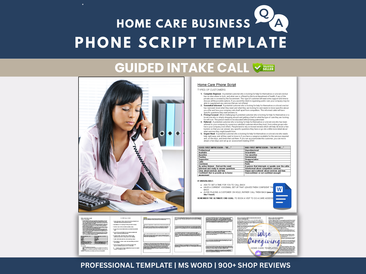 Home Care Phone Script Template | New Client Inquiry Call Flow | Non-Medical Home Care Agency Intake Script | Editable Word