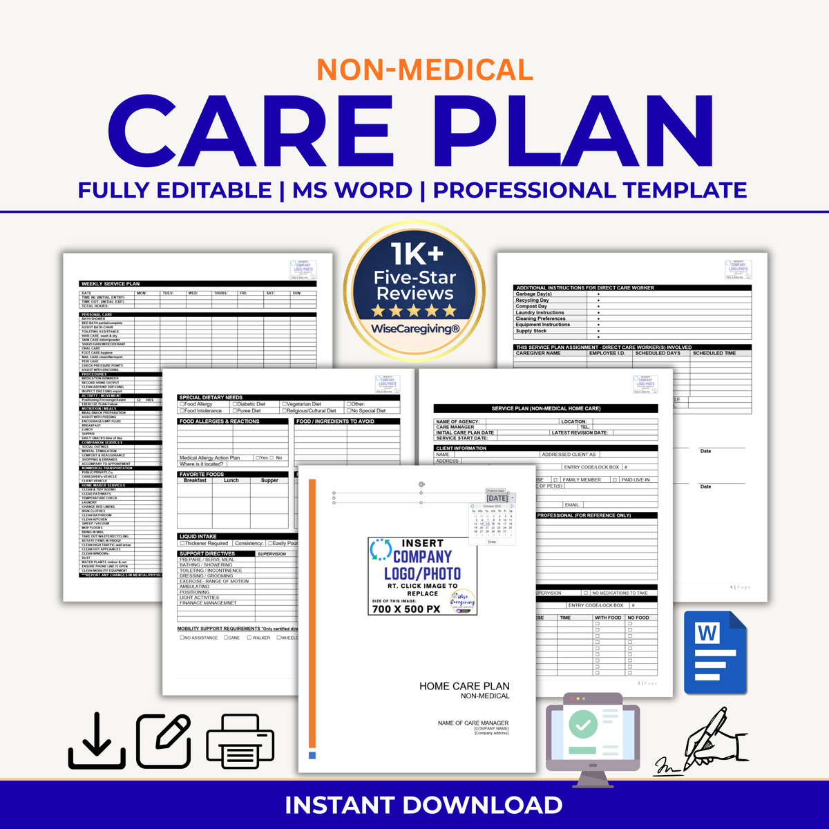 Home Care Service Plan Template | Non-Medical Care Plan | Editable Word