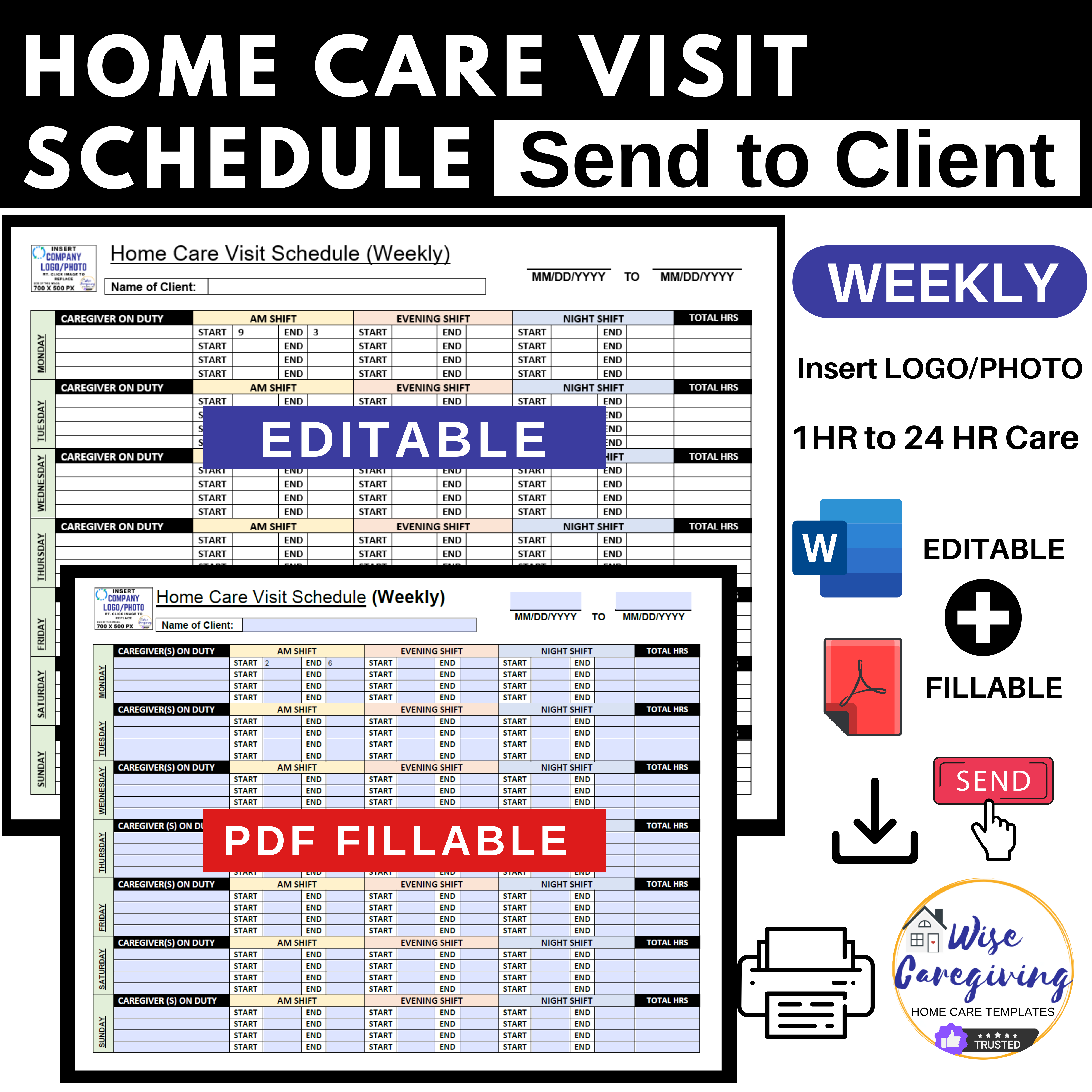 Home Care Visit Schedule Template for Client | Editable | Printable