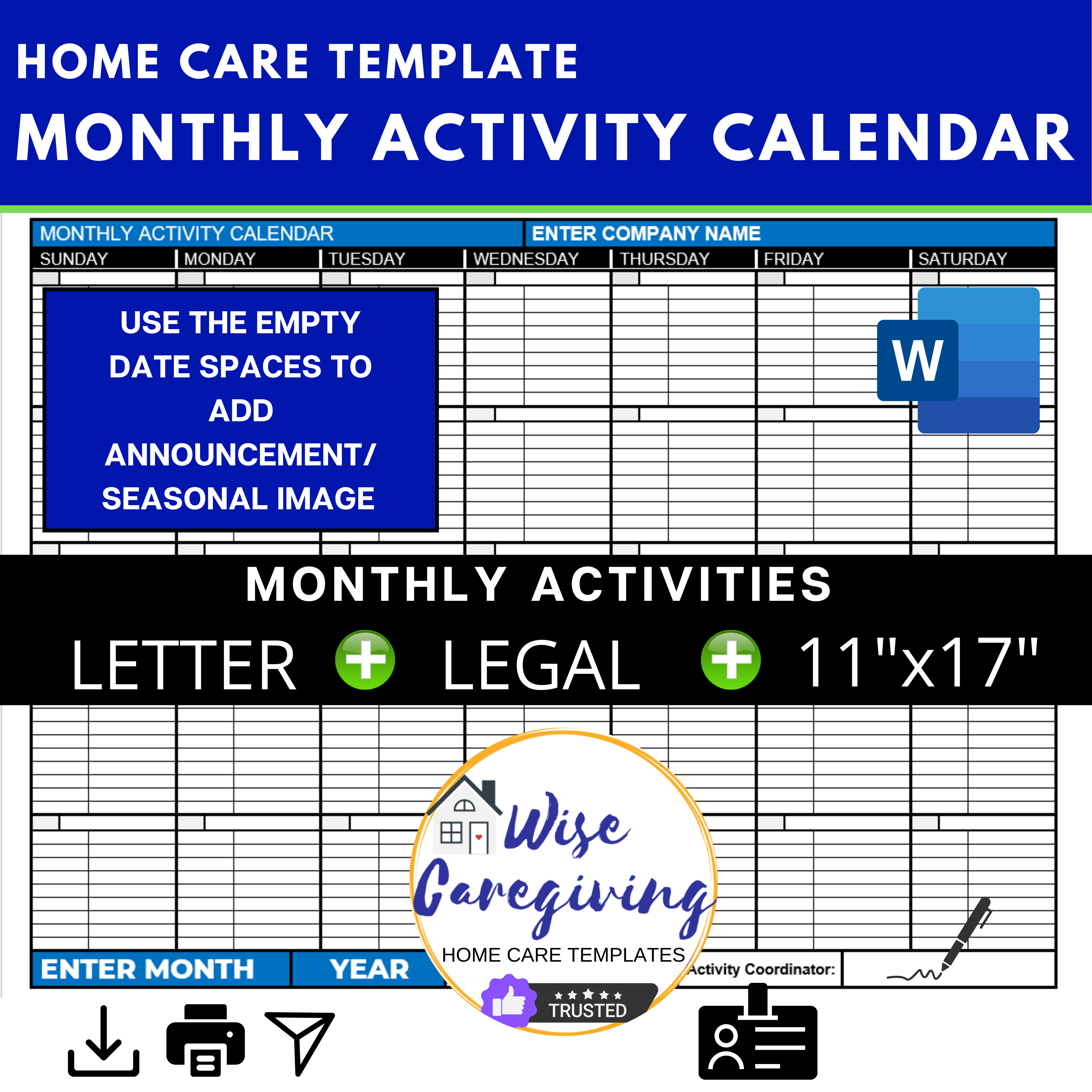 Monthley Activity Chart Non-Medical Home Care Plan Template | Print & Fill by Hand