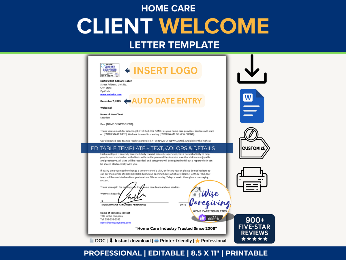 Welcome Note New Client Customizable Home Care Welcome Letter Template | Editable Word Doc
