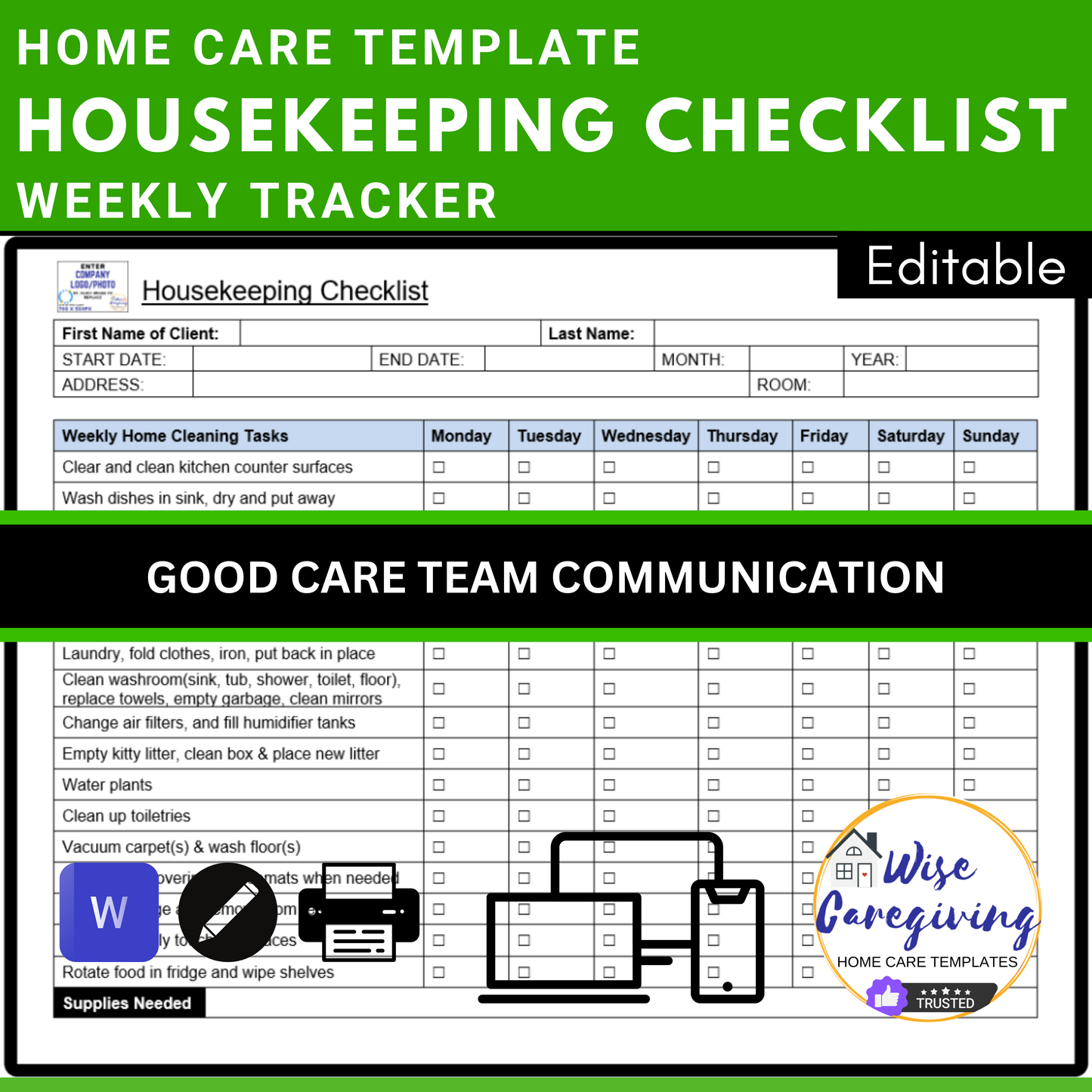 Home Care Housekeeping Checklist - Wisecaregiving