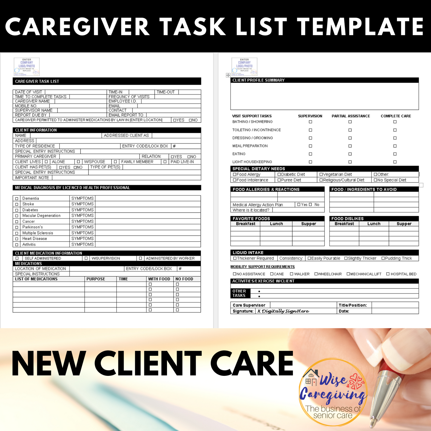 Caregiver Task List and Care Plan for New Home Care Clients